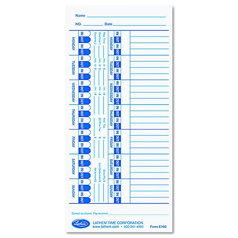 Lathem Time Universal Time Card, White, 100 per Pack (E100), 4 x 9 - Image 1